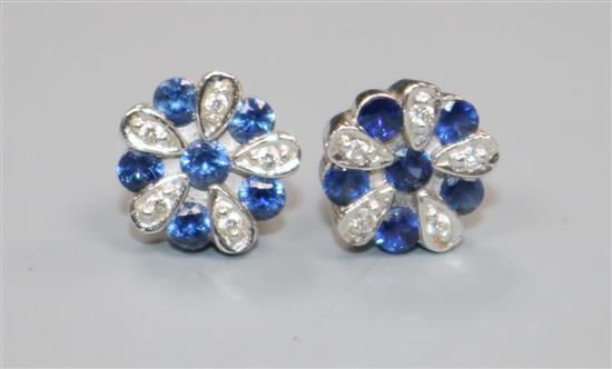 A pair of 18ct white gold, diamond and sapphire cluster ear studs, 8mm.